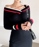 Lady's coco 膝丈ドレス キャバドレス セクシー 韓国スタイル 新作 バイカラー タイトワンピース オフショルダー LW2-DD6033