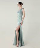 ロングドレス キャバドレス セクシー ワンショルダー サテン タイト マーメイドドレス プリーツ スリット入り 夜会 パーティー 結婚式 JC2-YEY33598