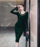 【4色】膝丈ドレス キャバドレス ビジュー付き ニット 韓国風 タイト ボディコン おしゃれ 着痩せ デート お出かけ パーティー 結婚式 JC2-ZED88643GT510D