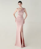 ロングドレス キャバドレス セクシー ワンショルダー サテン タイト マーメイドドレス プリーツ スリット入り 夜会 パーティー 結婚式 JC2-YEY33598