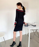 Lady's coco 膝丈ドレス キャバドレス セクシー 韓国スタイル 新作 バイカラー タイトワンピース オフショルダー LW2-DD6033