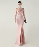 ロングドレス キャバドレス セクシー ワンショルダー サテン タイト マーメイドドレス プリーツ スリット入り 夜会 パーティー 結婚式 JC2-YEY33598