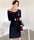 Lady's coco 膝丈ドレス キャバドレス セクシー 韓国スタイル 新作 バイカラー タイトワンピース オフショルダー LW2-DD6033