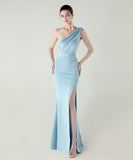 ロングドレス キャバドレス セクシー ワンショルダー サテン タイト マーメイドドレス プリーツ スリット入り 夜会 パーティー 結婚式 JC2-YEY33598