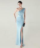 ロングドレス キャバドレス セクシー ワンショルダー サテン タイト マーメイドドレス プリーツ スリット入り 夜会 パーティー 結婚式 JC2-YEY33598