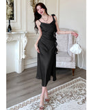 【3色】膝丈ドレス セクシー フレンチ風 ドレープネック スリット サテンキャミワンピ エレガント 花柄プリーツ バックレス パーティー 二次会 JC2-CD2-655-65480580