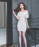 【2色】ミニドレス キャバドレス セクシー 韓国風 オフショルダー ドット柄 レース切り替え ボディコン JC2-JW3726NA71
