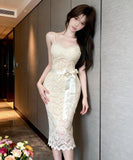 【2色】膝丈ドレス キャバドレス セクシー フレンチ レース キャミワンピ タイトフィット レースアップ JC2-DD6332