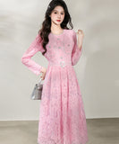 【3色】ロングドレス エレガント フェミニン レース 長袖 ウエストマーク Aライン 美シルエット シャネル風 ボタン装飾 お出かけ 日常 JC2-ZED889519-2GT415