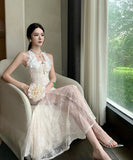 ロングドレス キャバドレス セクシー フレンチ レース ホルターネック シアー 細見え JC2-XHY919863