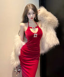 【2色】ロングドレス キャバドレス セクシー ホルターネック カットアウト ビジュー付き フィット感 JC2-WDS5508