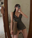 水着 ビキニ モノキニ おしゃれ 背露出 フリル セクシー 縞模様 YH7-KSD2907