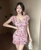 【4色】キャバドレス ミニドレス 花柄 タイトドレス セクシー 谷間見せ おしゃれ YH2-DD6348