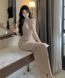 ロングドレス キャバドレス セクシー ホルターネック リボンタイ 上品 スリット入り ヒップライン デート 通勤 JC2-DD6335