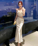 ロングドレス キャバドレス セクシー ドレープネック レース切り替え キャミワンピ ギャザー 着痩せ サテン バースデー パーティー JC2-XHY919336