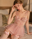 ルームウェア ランジェリー セクシー セット メッシュ スイート系 フリルスリーブ 刺繍入り 誘惑 レース JC8-GR6634