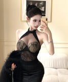 ミニドレス キャバドレス セクシー レース Miu系コーデ ホルターネック ノースリーブ シアー レザースカート スリット 倶楽部 指名 JC2-JW8230DXH342