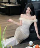 Lady's coco ロングドレス キャバドレス セクシー フレンチ オフショルダー スパンコール タイトシルエット 高見え ふわふわフェザー付き パーティー JC2-YKE450A8676