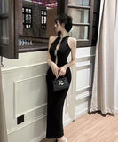 ロングドレス キャバドレス セクシー ノースリーブ カットアウト 細見え フリンジ ラインストーン ボディコン パーティー JC2-JW8372DXH417