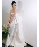 ロングドレス キャバドレス パーティードレス ベアトップ ミニマル サテン 上品 リボンディテール エンゲージ バースデー パーティー JC2-JSXA669