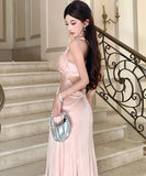 Lady's coco ロングドレス キャバドレス セクシー シャンパンピンク 調節可能 ディープV バックレス ツイストデザイン ギャザー入り 誕生日 パーティー JC2-XHY919295