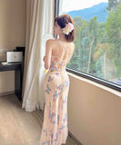 ロングドレス ホルターネック 蝶柄 セクシー 気質 背露出 名媛風 お洒落 YH2-DD6747