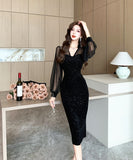 膝丈ドレス キャバドレス セクシー レトロ風 長袖 チュール スパンコール ベルベット スリット入り ボディコン JC2-WDS5570