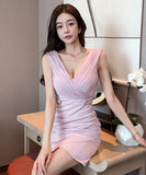 【4色】ミニドレス キャバドレス セクシー チュール切り替え Vネック スリット入り バー・クラブ JC2-YM8904