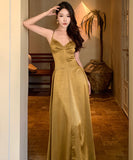 ロングドレス キャバドレス セクシー エレガント バックオープン ウエストマーク キャミワンピ ゴールド ギャザー JC2-XHY919324