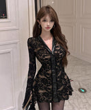 ミニドレス キャバドレス セクシー レース切り替え Vネック フレアスリーブ ボディコン デート お出かけ JC2-ZED886967DXH411