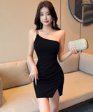 【4色】ミニドレス キャバドレス セクシー ワンショルダー ギャザー 切り替えデザイン ボディコン クラブ 指名 JC2-DD6396