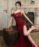 ロングドレス 脚長効果 ワインレッド 宴会 着痩せ 気質 セクシー YH2-ZED888390DXH238A