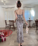 【3色】ロングドレス キャバドレス セクシー 胸元大胆 レオパード柄 ベロア素材 キャミワンピ タイトシルエット 指名 JC2-DD6330