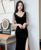 【3色】ロングドレス キャバドレス セクシー ローカット スリット入り 上品 バックオープン イブニングドレス パーティー JC2-YM9217