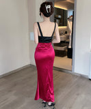 【2色】Lady's coco ロングドレス キャバドレス セクシー 韓国風 サテン 配色 フラワー装飾 スリット入り ボディコン JC2-MLS81282009