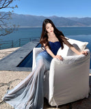 ロングドレス キャバドレス セクシー フレンチ ブルーグラデーション ベアトップ タイトシルエット マーメイドライン JC2-XHY913269