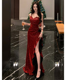 ロングドレス キャバドレス セクシー キラキラ スパンコール スリット入り フォーマルドレス ボルドー JC2-XHY917207