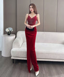 【4色】ロングドレス キャバドレス セクシー 韓国風 Vネック 細見え ベルベット キャミソール パーティー JC2-MLS7787611