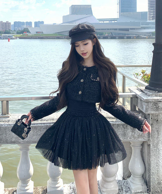 【2点セット】ミニドレス キャバドレス セクシー 高見え フレンチ風 セレブ系 スリム ショートアウター×ミニワンピ セットアップ スパンコールデザイン デート お出かけ JC2-XKDD335B-6502-Sep26