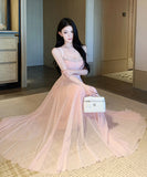 ロングドレス キャバドレス セクシー ラグジュアリー チュール ウエストマーク ウエストマーク キャミソールドレス JC2-XHY918345