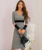 【3色】膝丈ドレス セクシー 韓国風 Vネック タイト ミディワンピ コンビカラー 出勤 デート お出かけ JC2-MLS57526258