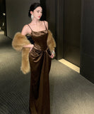 ロングドレス キャバドレス セクシー フェミニン フレンチ サテン カットアウト ドレープ 誕生日 パーティー JC2-XHY913262