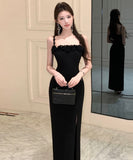 ロングドレス キャバドレス エレガント フレンチ キャミワンピ 立体フラワーモチーフ スリット入り パーティー JC2-WDS5611