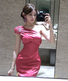 ミニドレス キャバドレス セクシー ビジュー ワンショルダー ウエストシェイプ プリーツ パーティー JC2-WDS5498