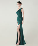ロングドレス キャバドレス セクシー ワンショルダー サテン タイト マーメイドドレス プリーツ スリット入り 夜会 パーティー 結婚式 JC2-YEY33598