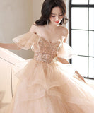 ロングドレス キャバドレス パーティードレス  チュール フレンチムード オフショルダー シャンパンカラー ステージ映え バースデー パーティー エンゲージメント JC2-ASNE201