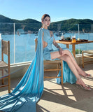 Lady's coco ロングドレス キャバドレス セクシー 肌見せデザイン カットアウト ウエスト ハイスリット ドレープ ライトブルー パーティー バースデー イベント JC2-XHY918251