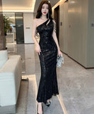 【3色】ロングドレス セクシー エレガント 気質 キラキラ 脚長効果 party 非対称 YH2-DD6665