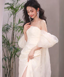 ロングドレス キャバドレス パーティードレス ベアトップ 花嫁 シンプル フレンチ サテン 透明感 森ガール風 JC2-JSXA844