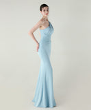 ロングドレス キャバドレス セクシー ワンショルダー サテン タイト マーメイドドレス プリーツ スリット入り 夜会 パーティー 結婚式 JC2-YEY33598